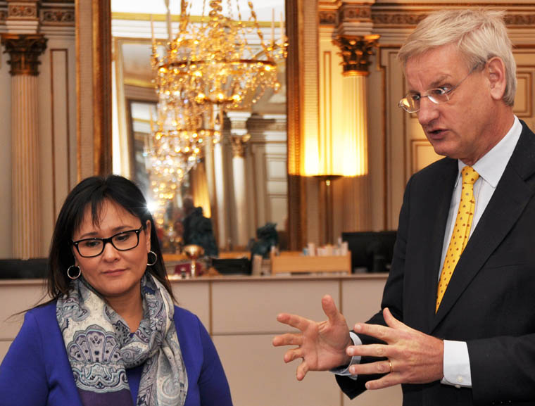 Leona Aglukkaq and Carl Bildt at the press conference