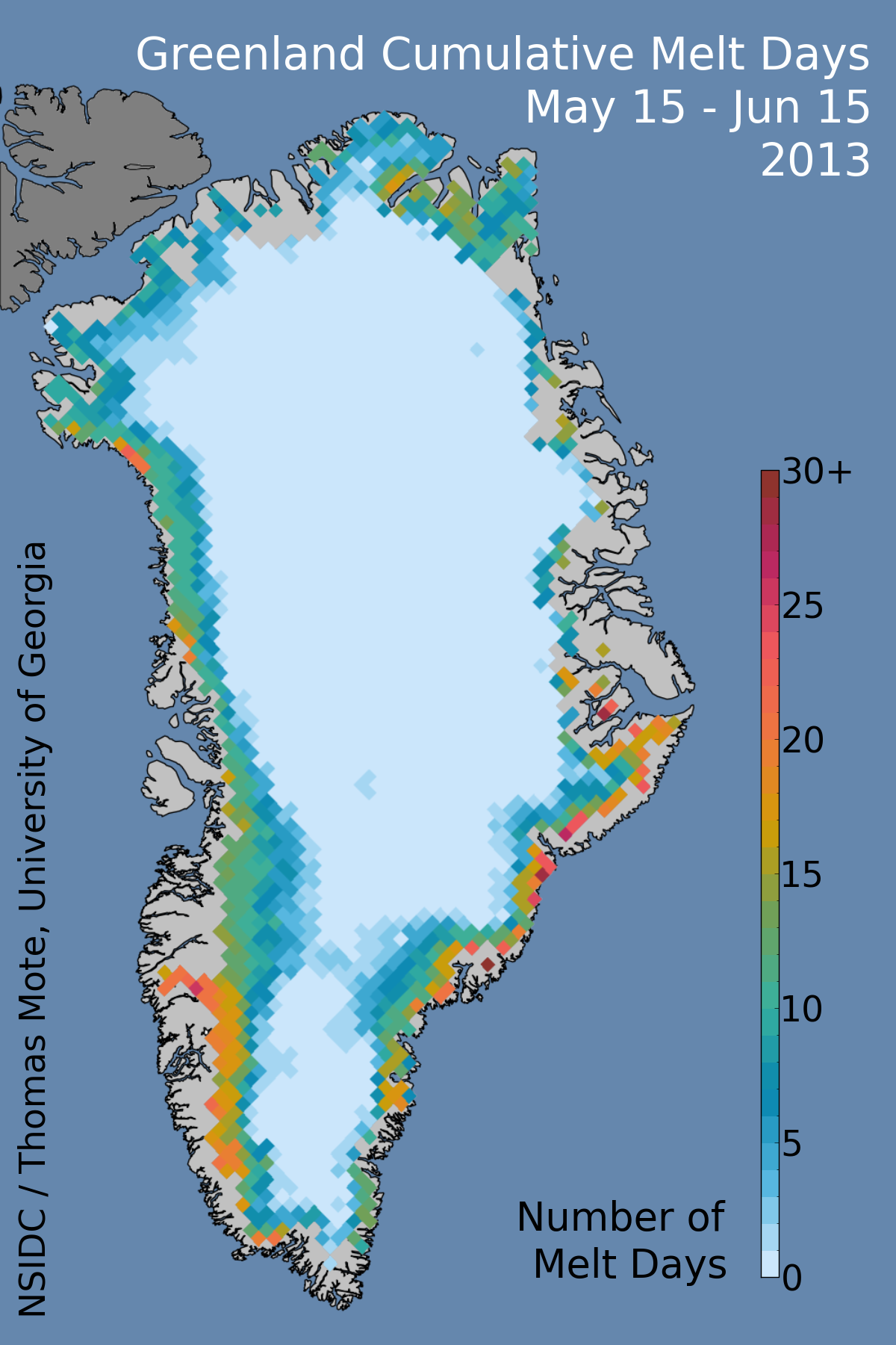 Cumulative surface melt days for mid-May to mid-June in Greenland.