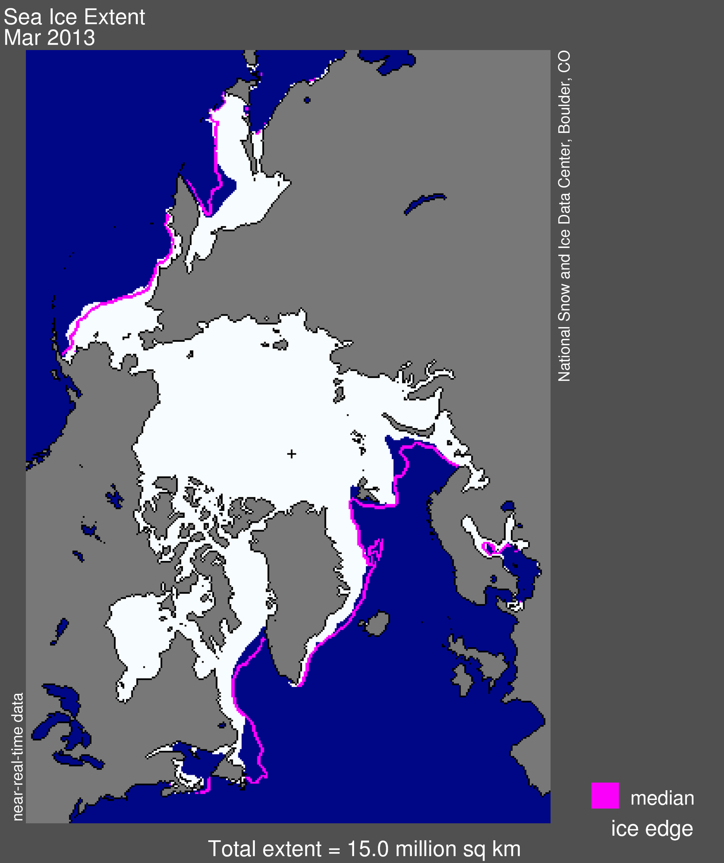Arctic sea ice extent for March 2013