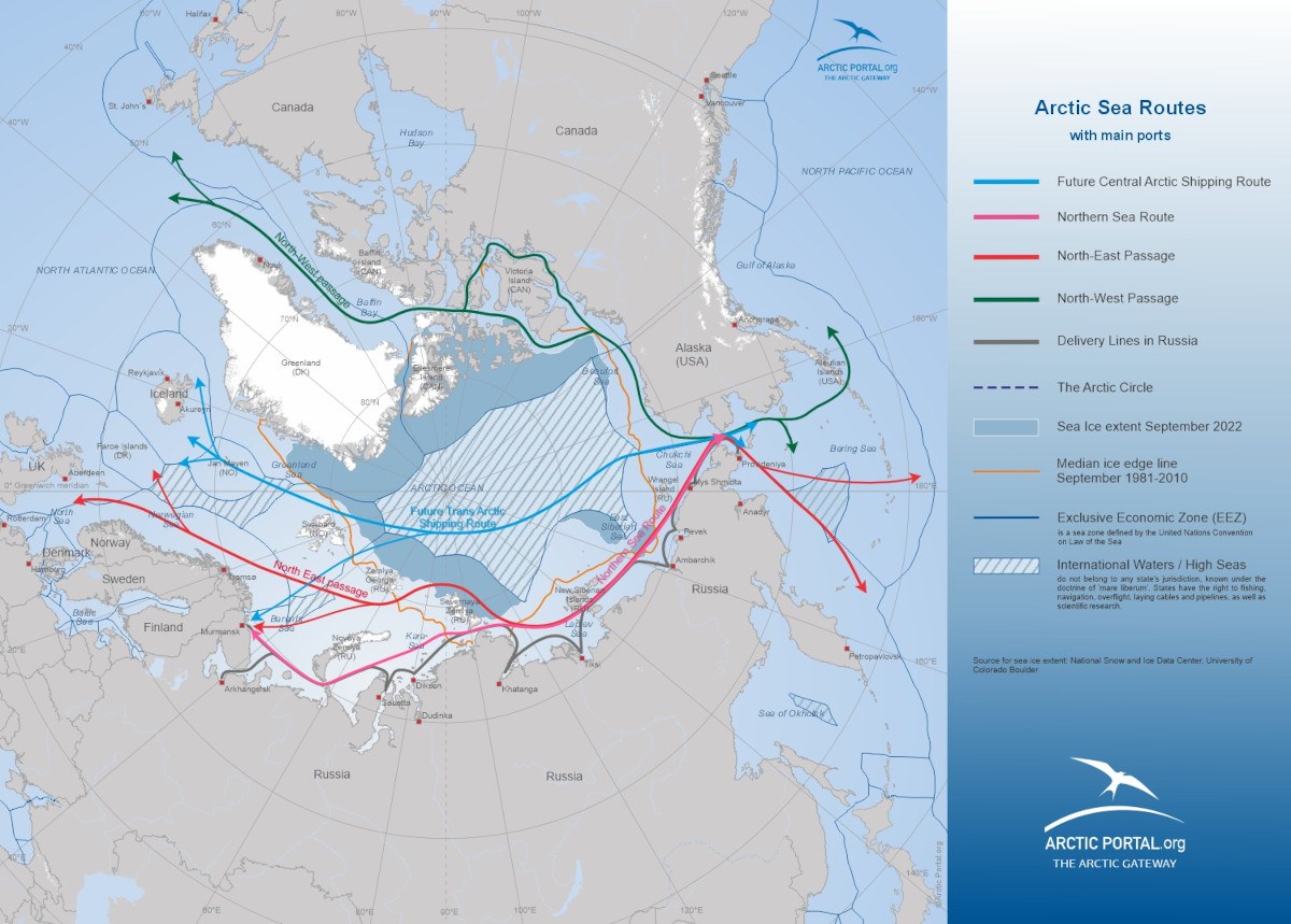 Arctic Portal Map -Arctic Sea Routes with main ports, Northpolar Russia projection