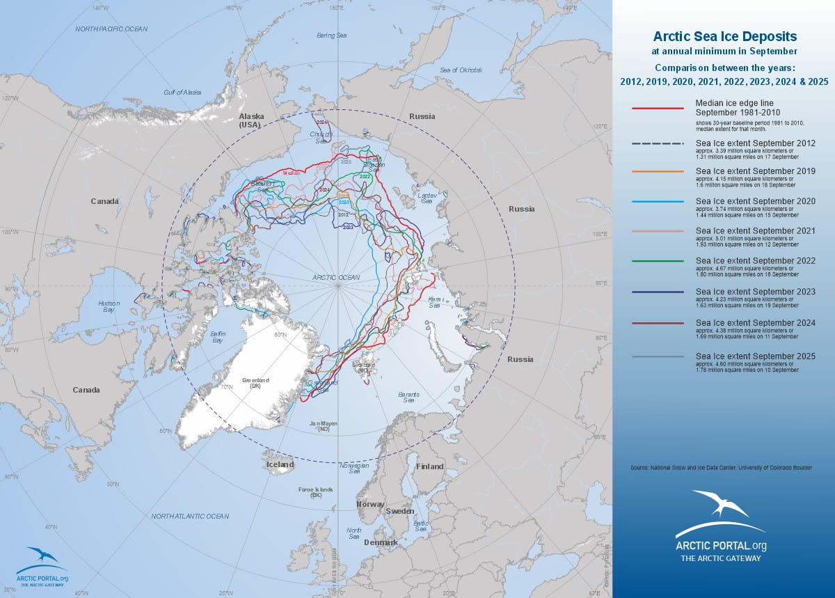 Arctic Portal Map - Arctic Sea Ice Deposits at annual minimum in September - Comparison between the years: 2012, 2019, 2020, 2021, 2022, 2023, 2024 & 2025