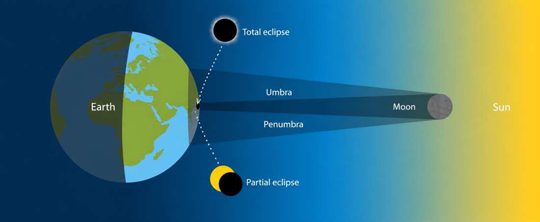 Diagram showing a partial and total solar eclipse