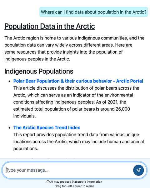 Example of a conversation with the Arctic Portal AI Assistant