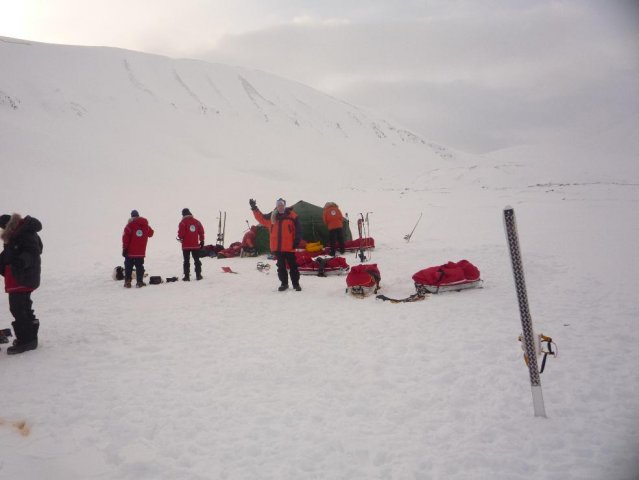 The group setting up camp