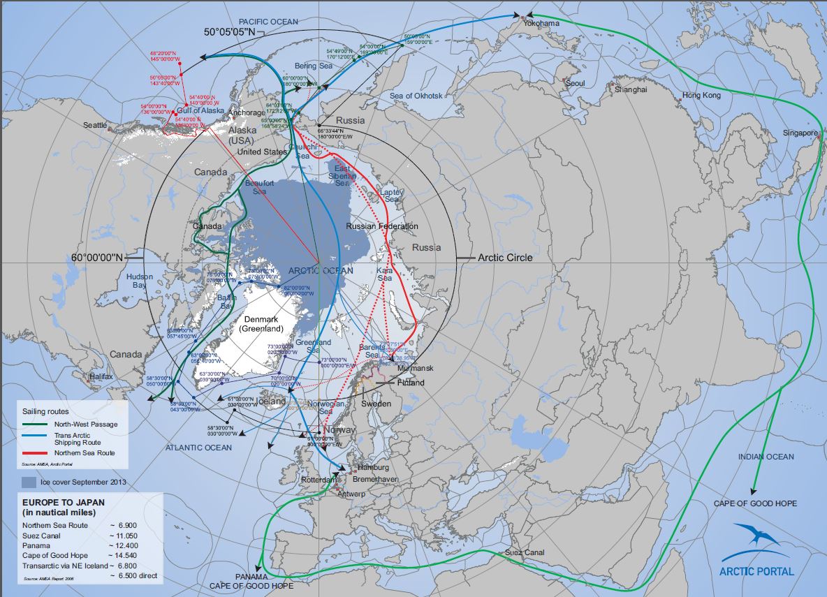 Map of Arctic sea routes and SAR areas