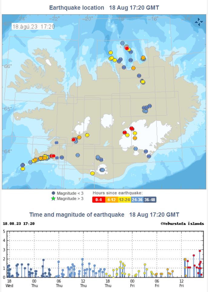 Map of earthquakes in Iceland on 18th August 2023